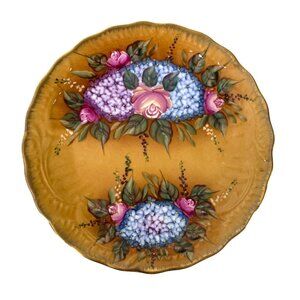Decorative Orange Floral Plate, Made in China, Pink Purple Blue Gold Edge Detail